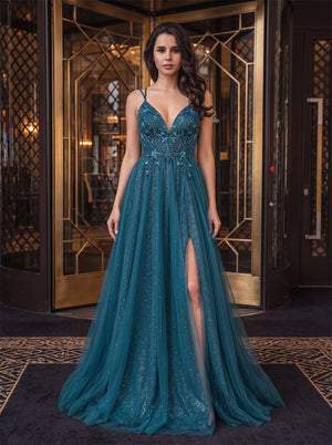 Thin Strap Teal Sparkle Tulle Evening Dress Beaded Bodice Crisscross Lace Up Back High Slit A Line Formal Gown
