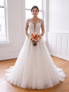 Long Sleeve Floral Lace Tulle Wedding Dress Illusion Plunge Neck Heart Cutout Back Bridal Gown