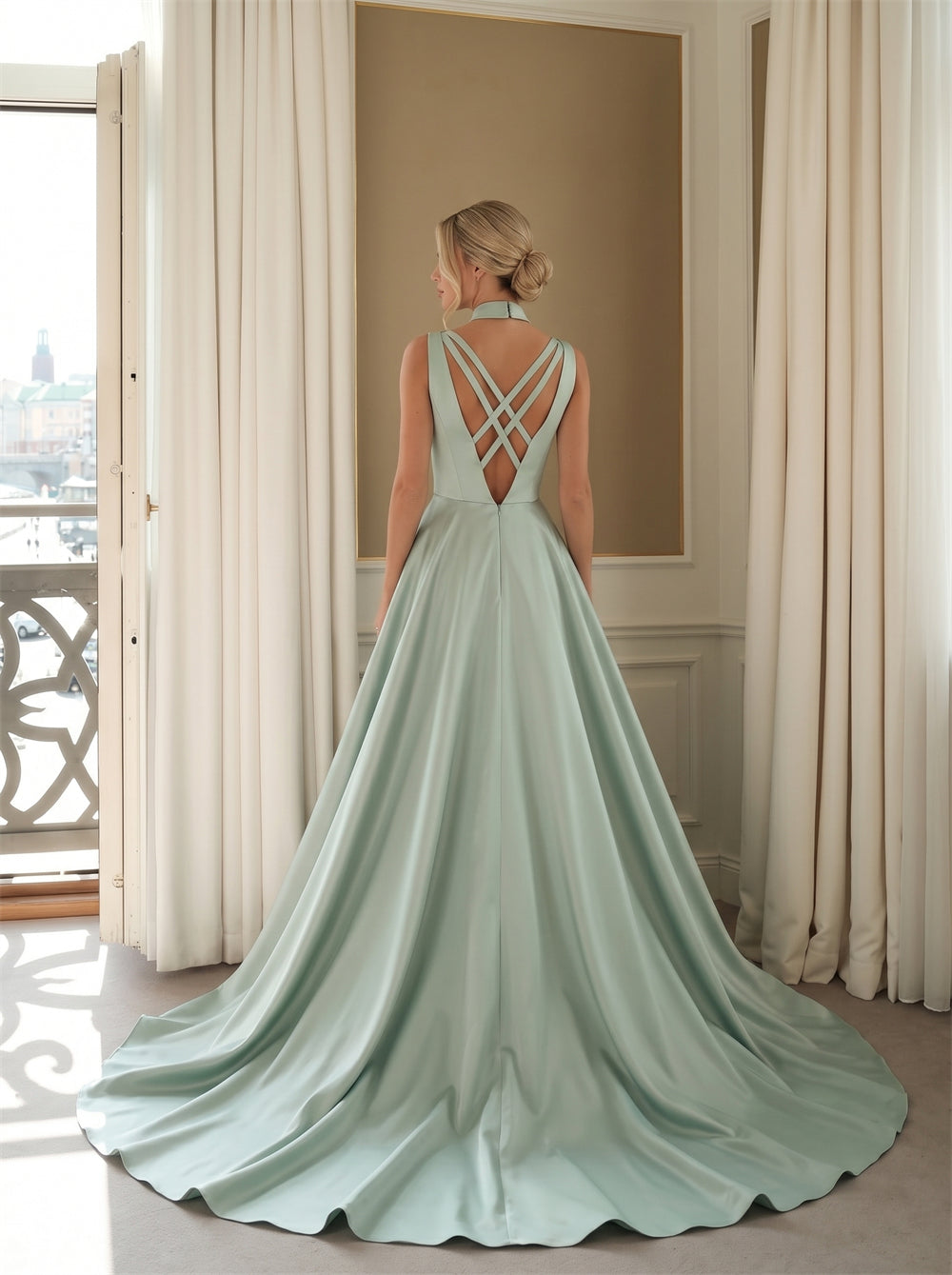 Prom Dress Minimalist Gloss Satin Sage Green Princess A Line Formal Dress With Crisscross Straps Back &amp; Long Train