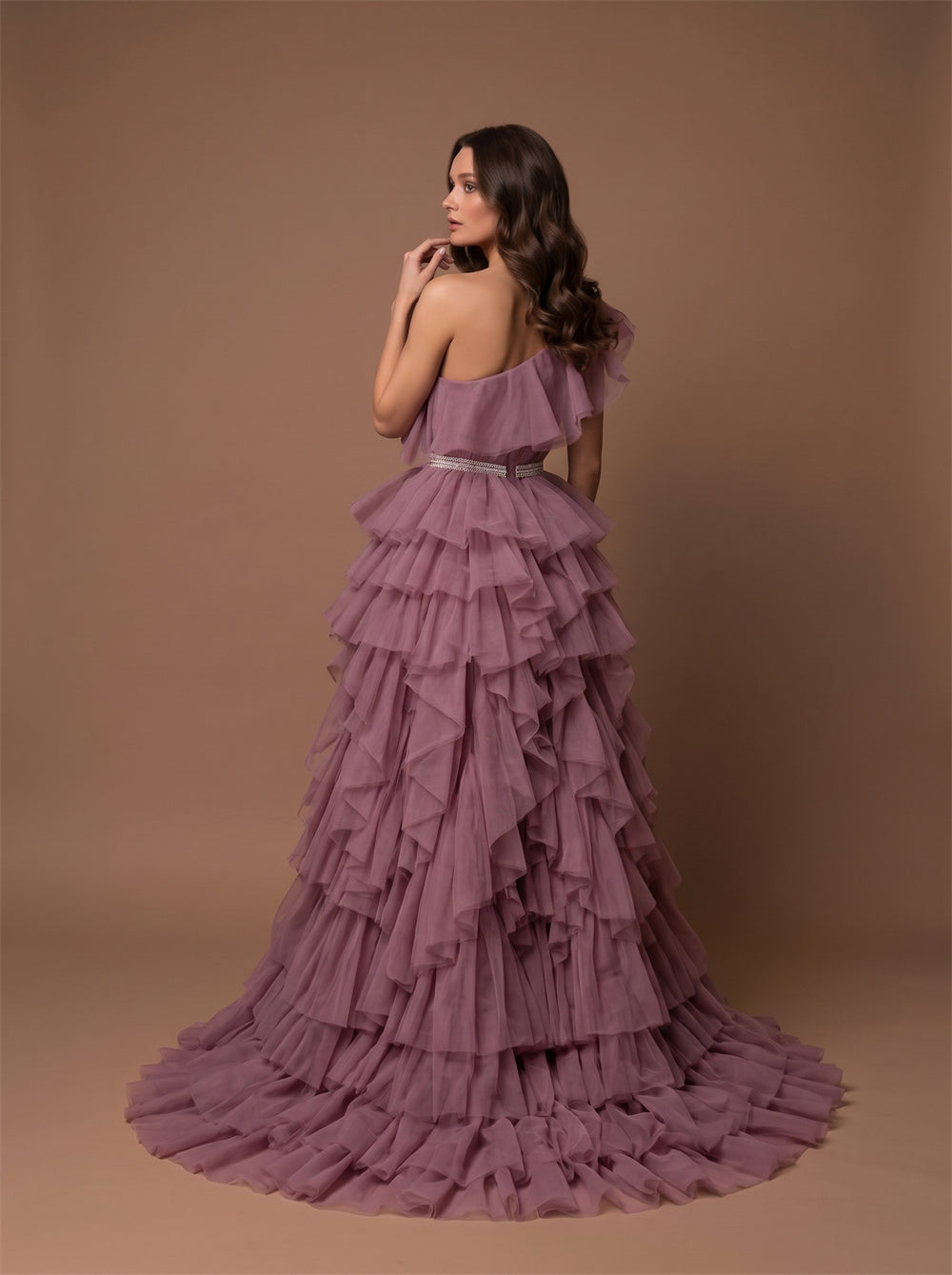 One Shoulder Ruffle Dusty Mauve Tulle High Slit Tiered Long Train Prom Homecoming Dress Rhinestone Waist Formal Gown