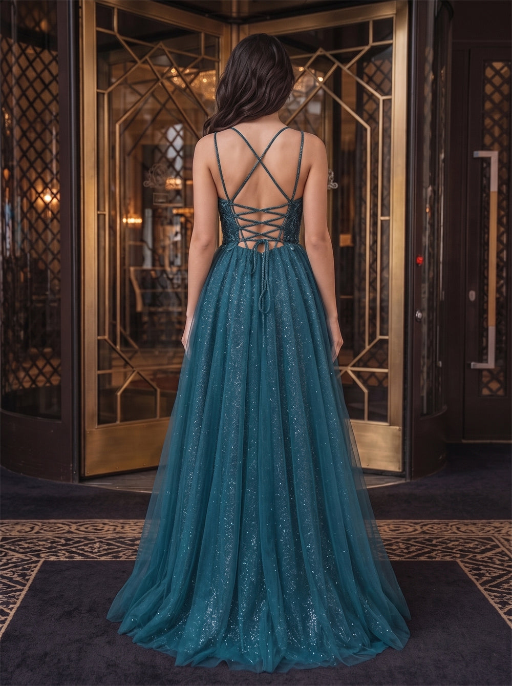 Thin Strap Teal Sparkle Tulle Evening Dress Beaded Bodice Crisscross Lace Up Back High Slit A Line Formal Gown