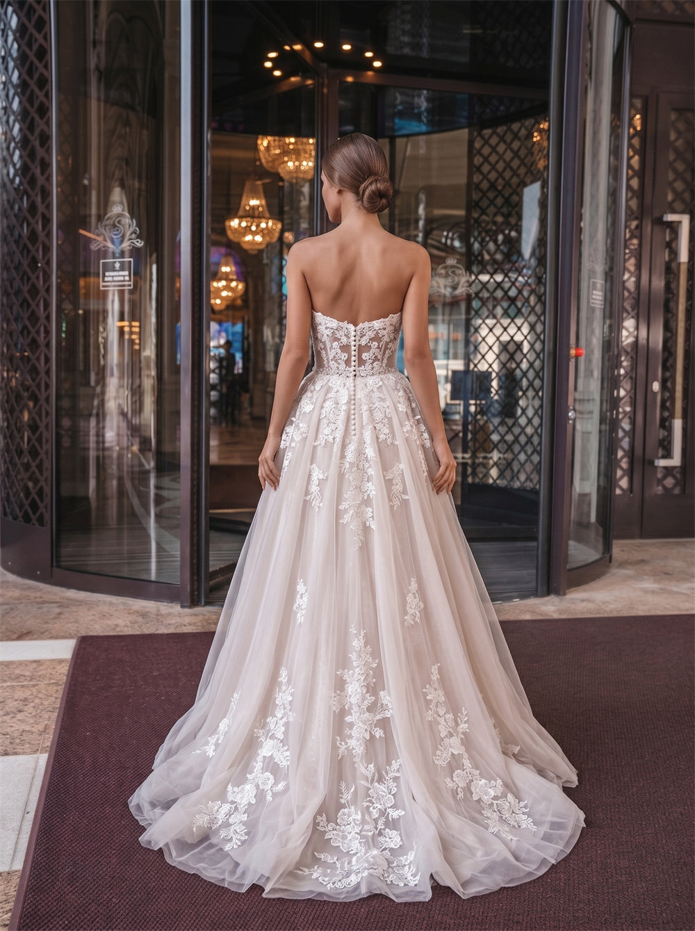 Strapless Sweetheart Floral Lace Pearl Button High Slit Tulle A Line Wedding Dress Bridal Dress