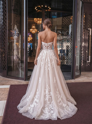 Strapless Sweetheart Floral Lace Pearl Button High Slit Tulle A Line Wedding Dress Bridal Dress