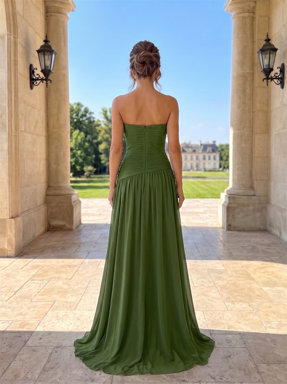 Strapless Ruched Bodice Chiffon Bridesmaid Dress High Thigh Slit Hidden Back Zipper Floor Length Olive Green Formal Wedding Guest Evening Gown
