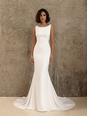 Boat Neck Sleeveless Floral Lace Back Mermaid Satin Wedding Dress Bridal Dress