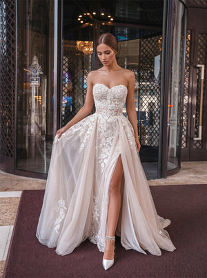 Strapless Sweetheart Floral Lace Pearl Button High Slit Tulle A Line Wedding Dress Bridal Dress