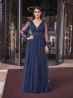 Long Puff Sleeve Deep V Navy Tulle Prom Evening Dress Rhinestone Waistband Low V Back A Line Formal Gown