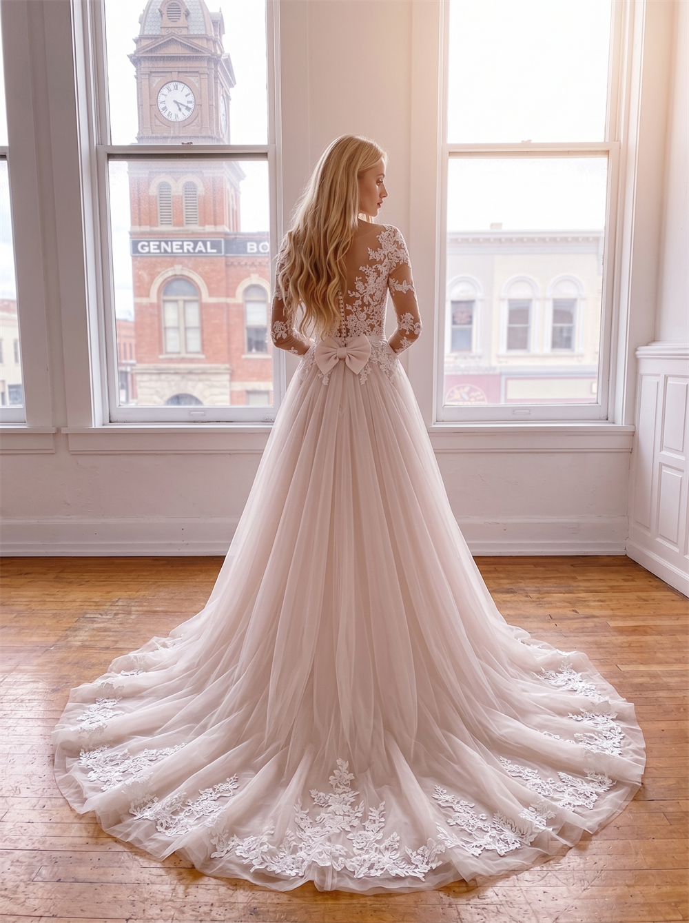 Boat Neck Long Lace Sleeve Tulle Wedding Dress Detachable Back Bow Lace Trim Ball Gown