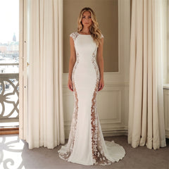 Wedding Dress Minimalist Crepe Mermaid Wedding Dress With Floral Lace Cap Sleeves & Side Sheer Lace Panels