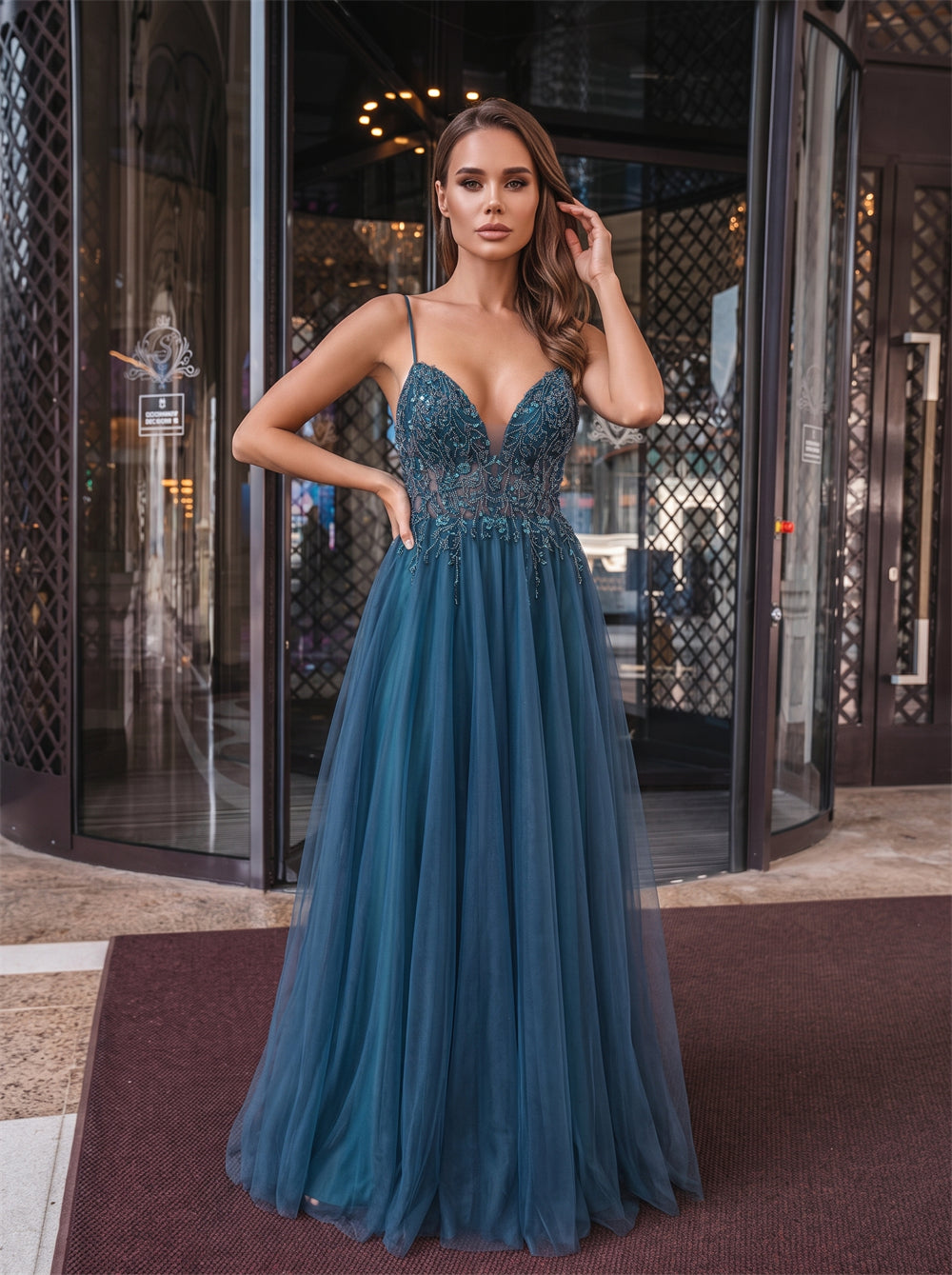 Spaghetti Strap Deep V Beaded Bodice Tulle Evening Gown Low Back Flowy A Line Teal Formal Prom Wedding Guest Dress