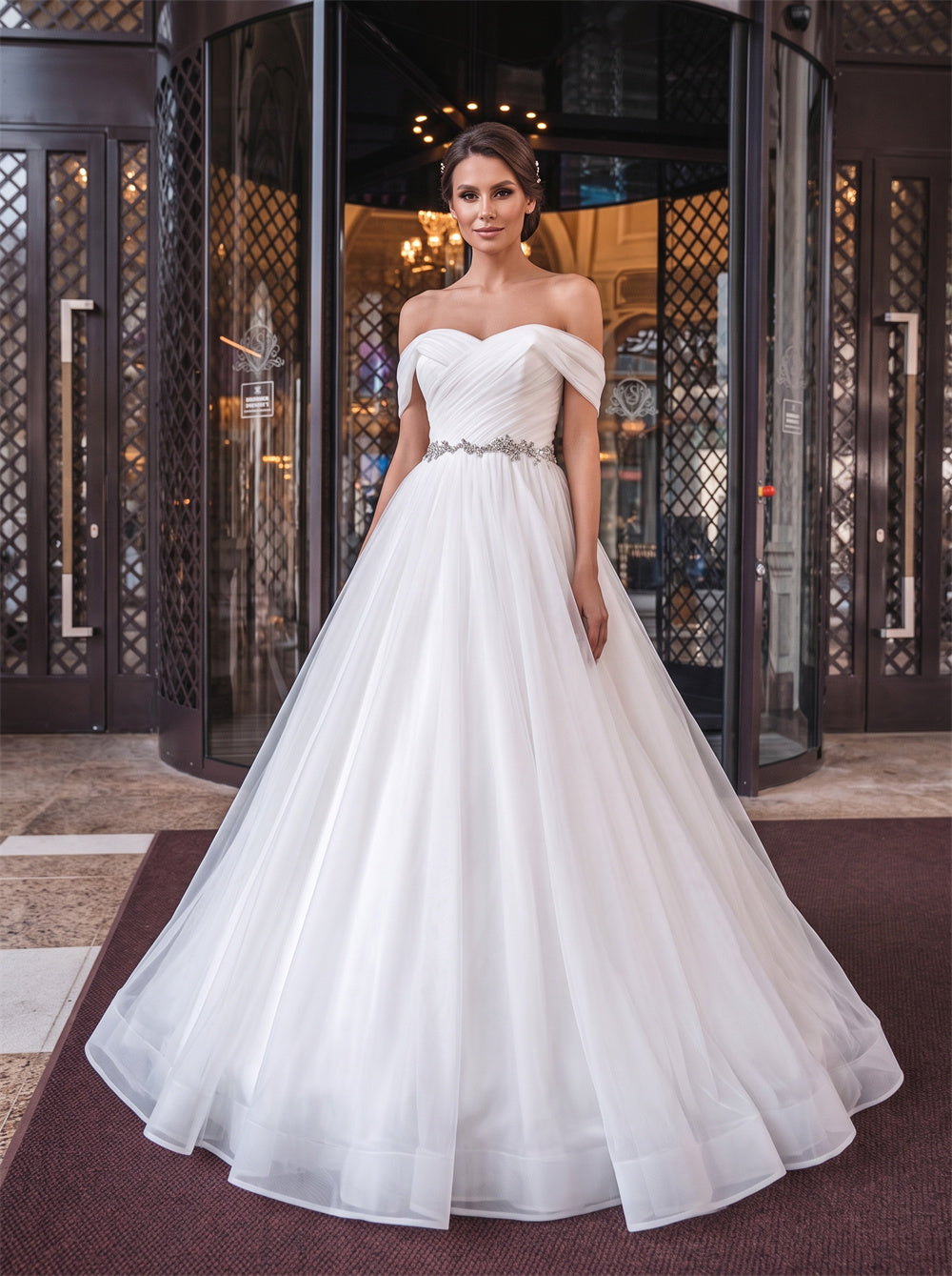 Off Shoulder Twist Ruched Crystal Sash Pearl Button Tulle A Line Wedding Dress Bridal Dress