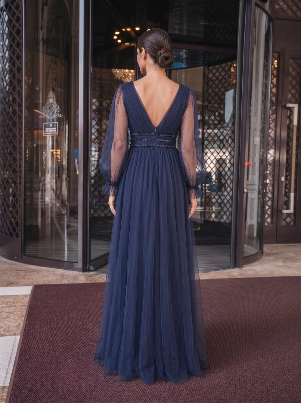 Long Puff Sleeve Deep V Navy Tulle Prom Evening Dress Rhinestone Waistband Low V Back A Line Formal Gown