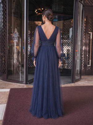 Long Puff Sleeve Deep V Navy Tulle Prom Evening Dress Rhinestone Waistband Low V Back A Line Formal Gown