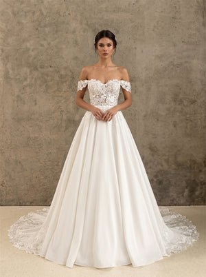 Off Shoulder Floral Lace Detachable Sleeve Zipper Back Satin Wedding Dress Bridal Dress
