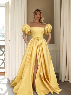 Prom Dress Yellow Satin Off Shoulder Puff Sleeve Corset High Slit Ball Gown Train Evening Gown