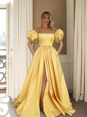 Prom Dress Yellow Satin Off Shoulder Puff Sleeve Corset High Slit Ball Gown Train Evening Gown