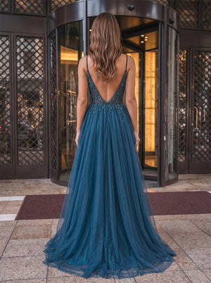 Spaghetti Strap Deep V Beaded Bodice Tulle Evening Gown Low Back Flowy A Line Teal Formal Prom Wedding Guest Dress