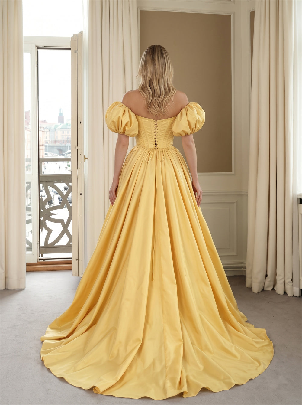 Prom Dress Yellow Satin Off Shoulder Puff Sleeve Corset High Slit Ball Gown Train Evening Gown