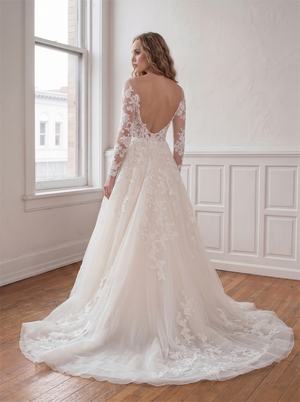 Off Shoulder Long Lace Sleeve Tulle Wedding Dress Deep V Back Floral Lace Ball Gown