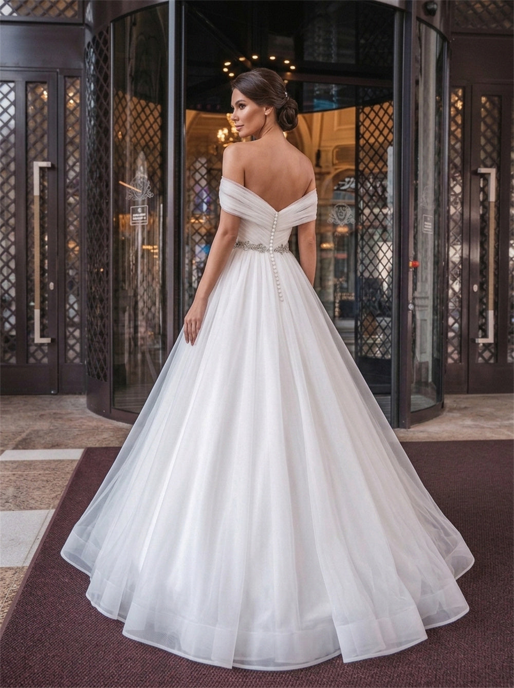 Off Shoulder Twist Ruched Crystal Sash Pearl Button Tulle A Line Wedding Dress Bridal Dress