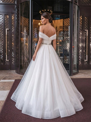 Off Shoulder Twist Ruched Crystal Sash Pearl Button Tulle A Line Wedding Dress Bridal Dress