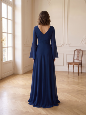 Long Bell Sleeve V Neck Ruched Waist Chiffon Bridesmaid Dress High Slit Low V Back Navy Blue Formal Wedding Guest Evening Gown