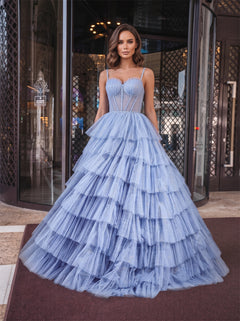 Spaghetti Strap Corset Glitter Light Blue Tiered Tulle Prom Dress Open Back A Line Long Formal Gown