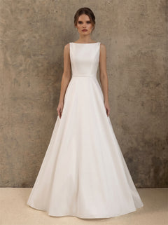 High Neck Sleeveless Illusion Lace Back Satin A Line Wedding Dress Bridal Dress