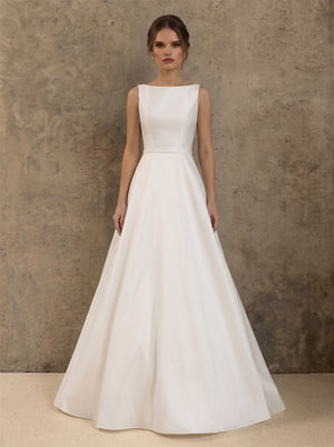 High Neck Sleeveless Illusion Lace Back Satin A Line Wedding Dress Bridal Dress