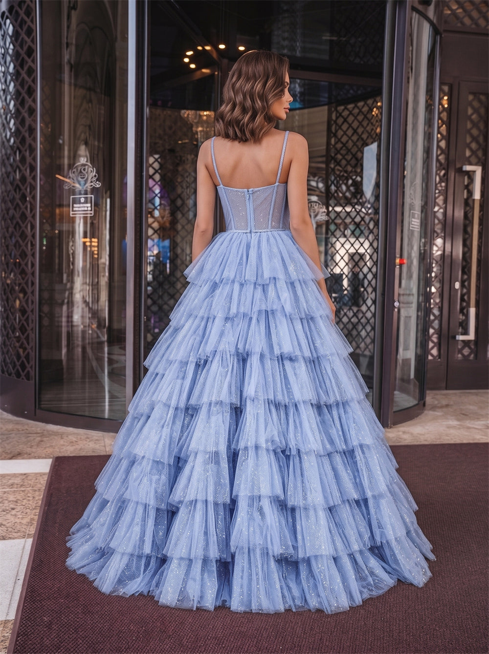 Spaghetti Strap Corset Glitter Light Blue Tiered Tulle Prom Dress Open Back A Line Long Formal Gown