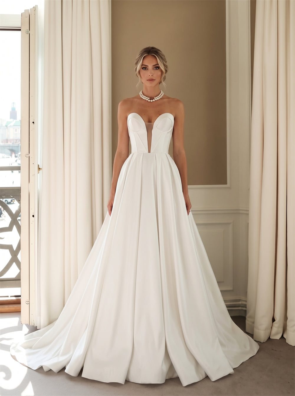 Wedding Dress Minimalist Strapless Corset Satin Princess Ball Gown Wedding Dress With Sheer Mesh Pearl Back