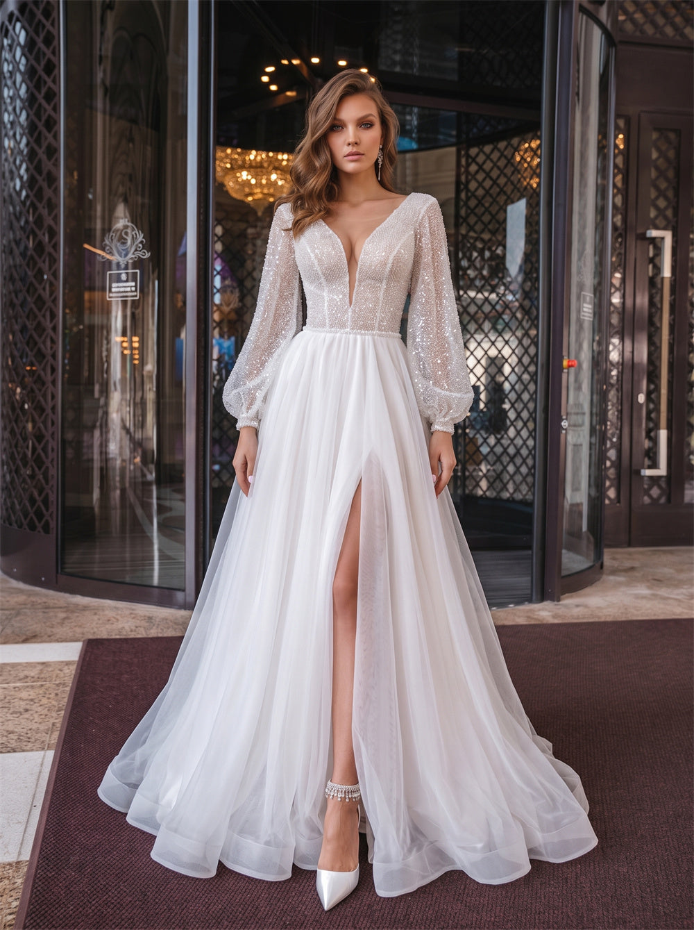 V Neck Puff Sleeve Beaded Deep V Back High Slit Tulle A Line Wedding Dress Bridal Dress