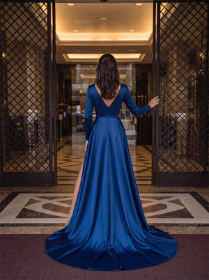 Full Long Sleeve Royal Blue Gloss Satin Evening Dress Front Wrap Ruched High Thigh Slit Low V Back Formal Maxi Gown