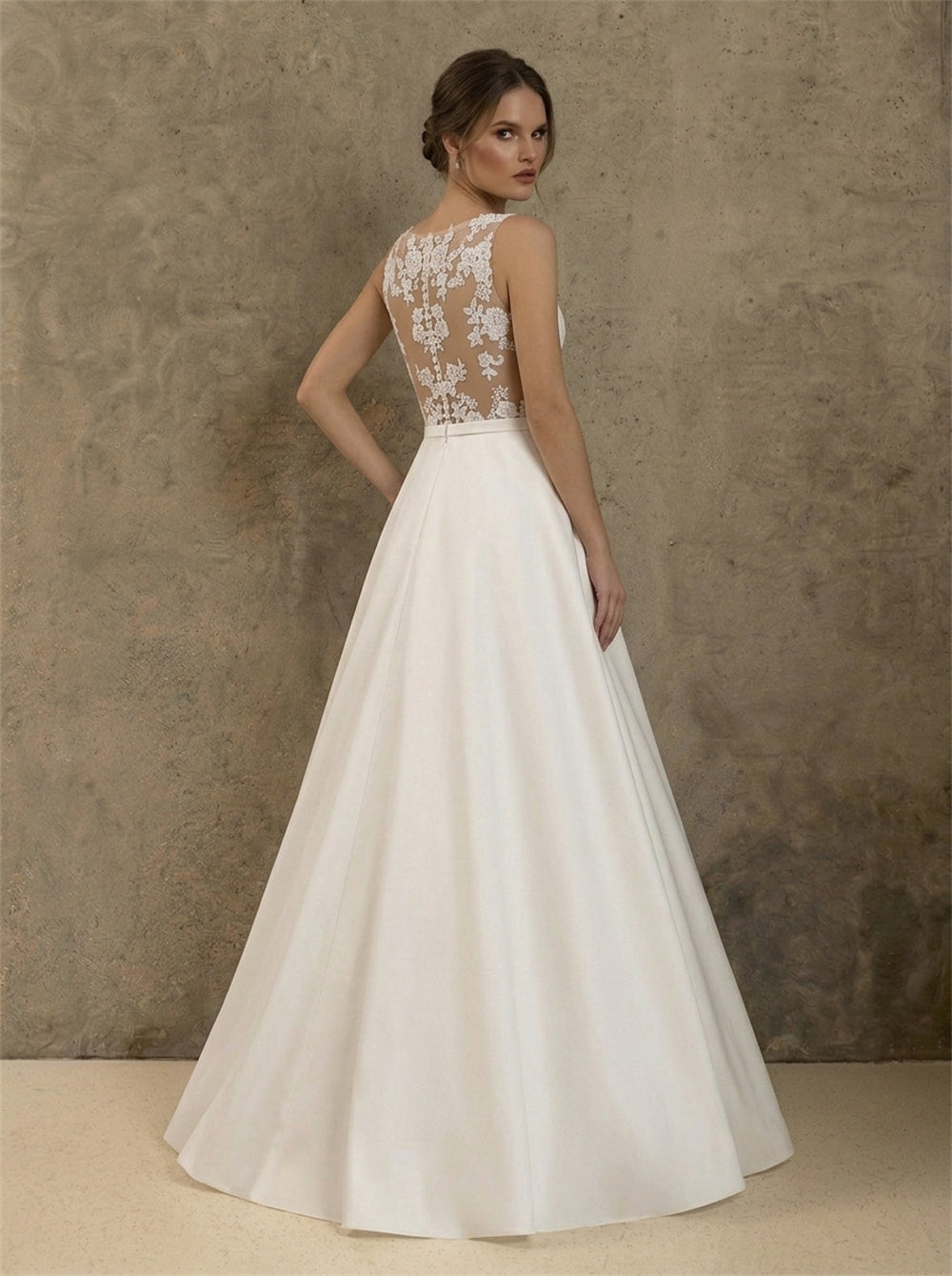 High Neck Sleeveless Illusion Lace Back Satin A Line Wedding Dress Bridal Dress