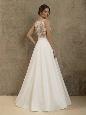 High Neck Sleeveless Illusion Lace Back Satin A Line Wedding Dress Bridal Dress