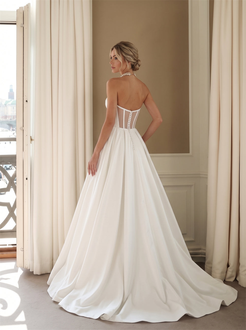 Wedding Dress Minimalist Strapless Corset Satin Princess Ball Gown Wedding Dress With Sheer Mesh Pearl Back