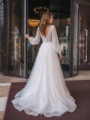 V Neck Puff Sleeve Beaded Deep V Back High Slit Tulle A Line Wedding Dress Bridal Dress