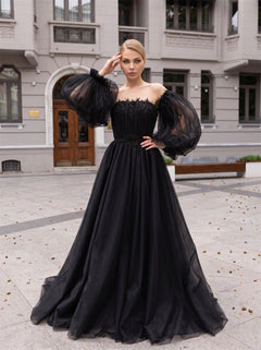 Off Shoulder Puff Sleeve Black Tulle Prom Dress Beaded Evening Dress A Line Long Train Formal Gown