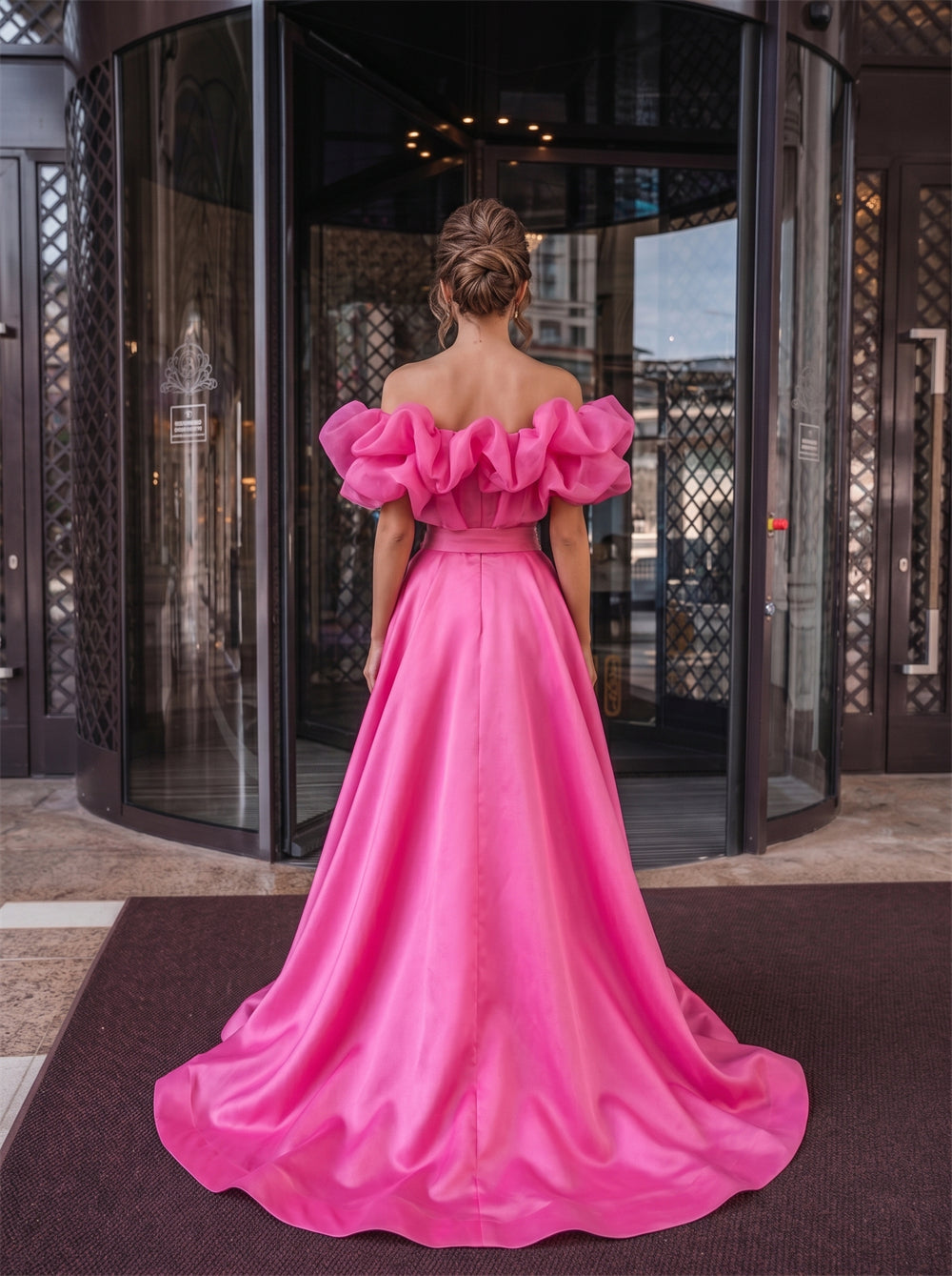 Off-The-Shoulder Hot Pink Satin Formal Gown Big Ruffle Organza Neck Rhinestone Belt A Line Princess Evening Dress