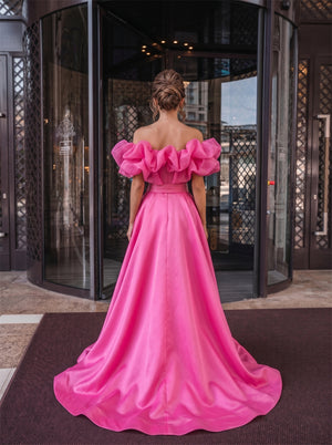 Off-The-Shoulder Hot Pink Satin Formal Gown Big Ruffle Organza Neck Rhinestone Belt A Line Princess Evening Dress