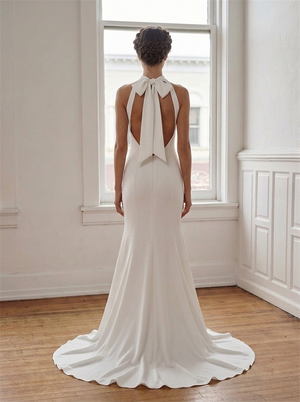 Halter High Neck Crepe Mermaid Wedding Dress Large Bow Keyhole Open Back Fit And Flare Bridal Gown