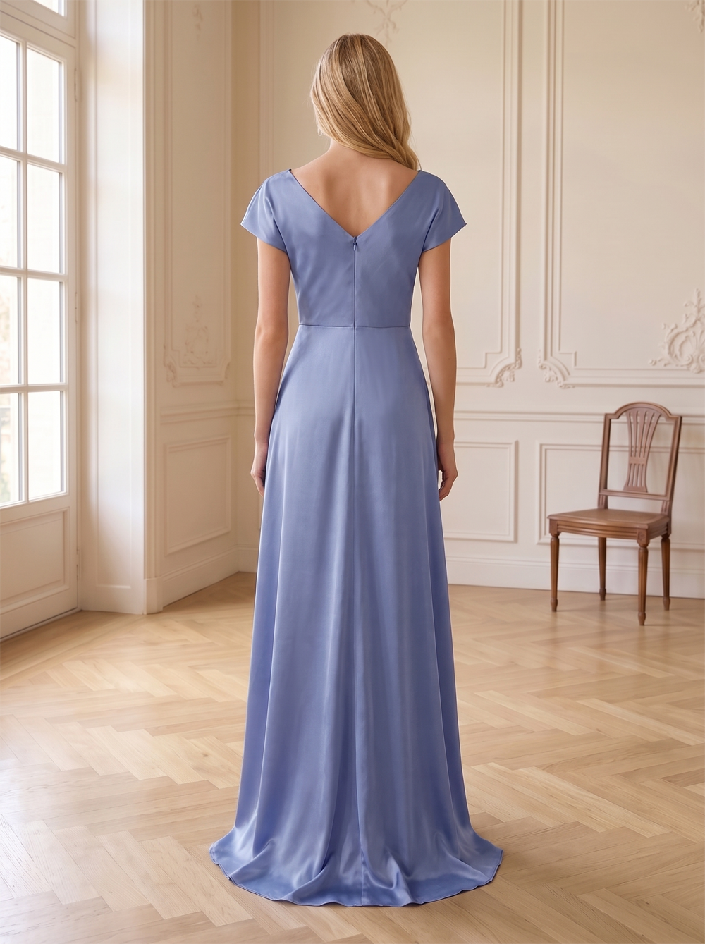 Short Cap Sleeve Cowl Neck Satin Bridesmaid Dress Low V Open Back Hidden Zipper Floor Length Dusty Blue Formal Wedding Guest Evening Gown