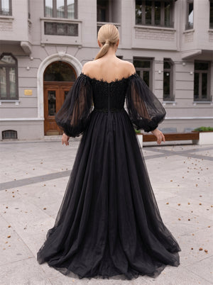 Off Shoulder Puff Sleeve Black Tulle Prom Dress Beaded Evening Dress A Line Long Train Formal Gown