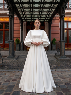 Round Neck Puff Long Sleeve Matte Satin Ball Gown Wedding Dress Vertical Pearl Button Back Wide Modest Bridal Gown