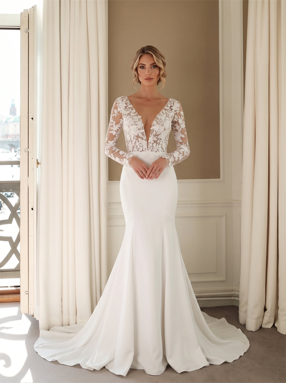 Wedding Dress All Over Floral Lace Long Sleeve Mermaid Wedding Dress With Pearl Button Deep V Crepe Train