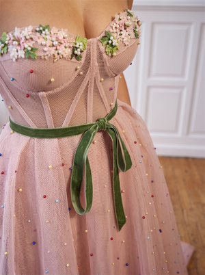 Strapless Corset Grid Tulle Prom Dress 3D Floral Bust Detachable Green Velvet Waist Ribbon Lace Up Back Colorful Beaded A Line Evening Gown