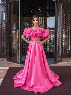 Off-The-Shoulder Hot Pink Satin Formal Gown Big Ruffle Organza Neck Rhinestone Belt A Line Princess Evening Dress