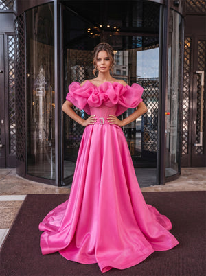 Off-The-Shoulder Hot Pink Satin Formal Gown Big Ruffle Organza Neck Rhinestone Belt A Line Princess Evening Dress