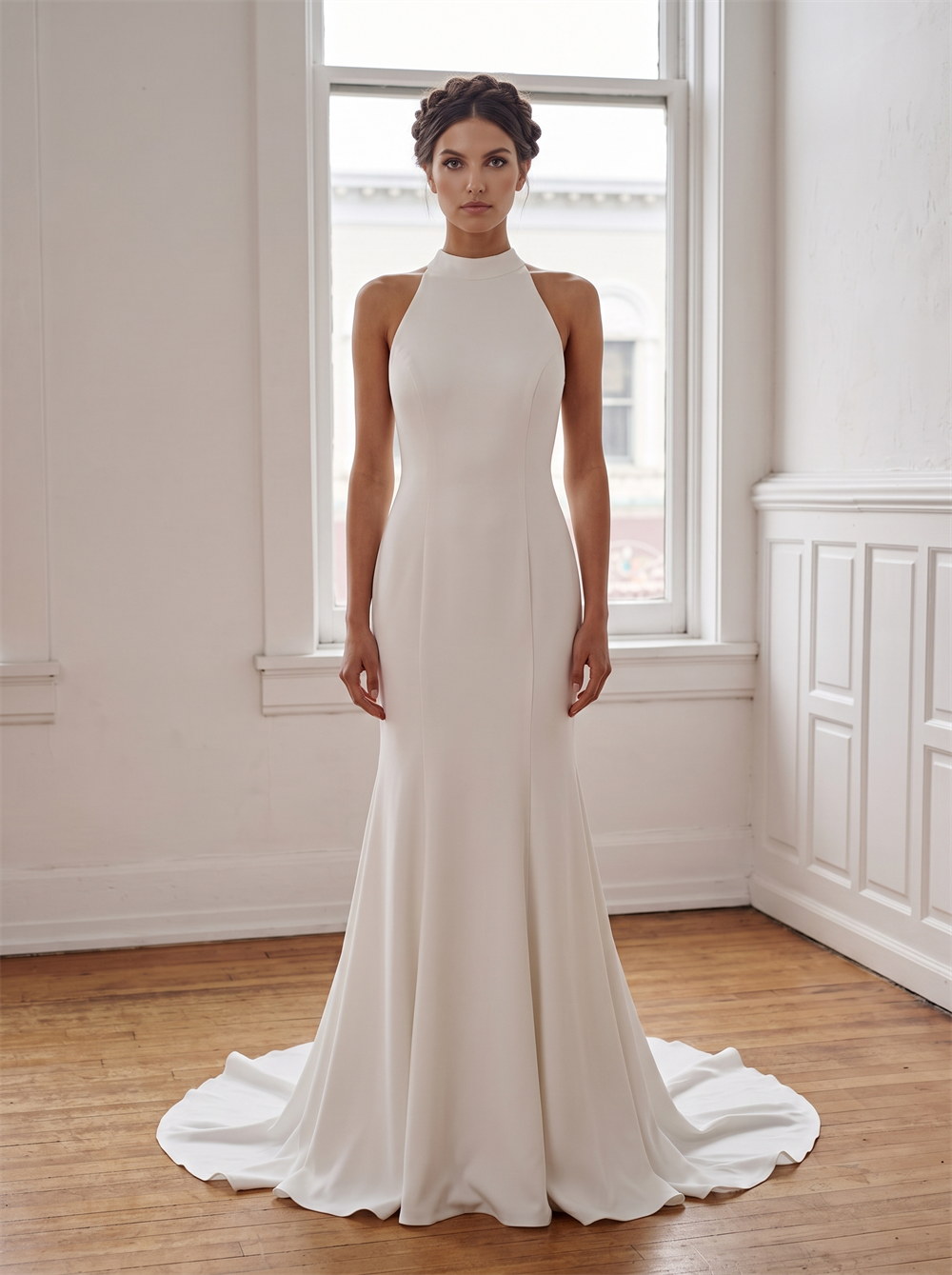 Halter High Neck Crepe Mermaid Wedding Dress Large Bow Keyhole Open Back Fit And Flare Bridal Gown
