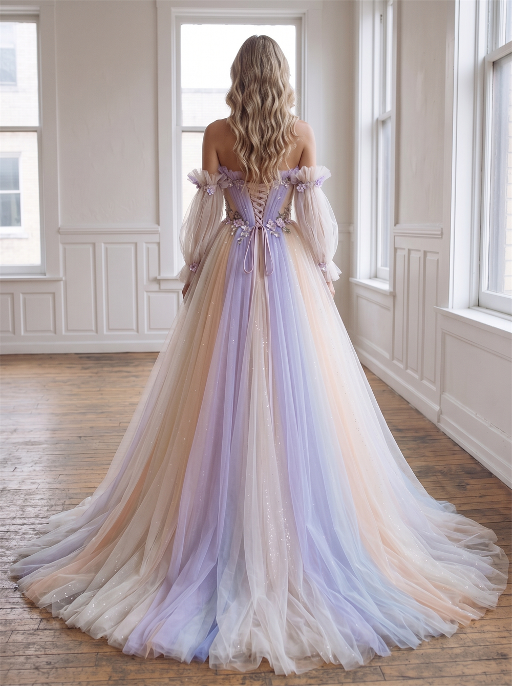 Off The Shoulder Puff Long Sleeve Ombre Gradient Tulle Ball Gown Prom Dress 3D Floral Lace Up Back Sparkly Evening Gown